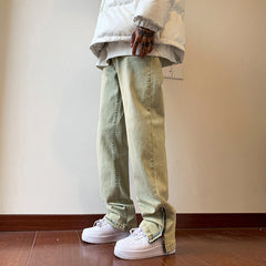 Men Jeans Zipper Dyed Jeans Men's Split Washed Straight Bootcut Trousers