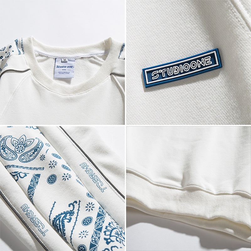 Men Pullover Hoodie Spring Patchwork round Neck Spring and Autumn Japanese Style Loose Top