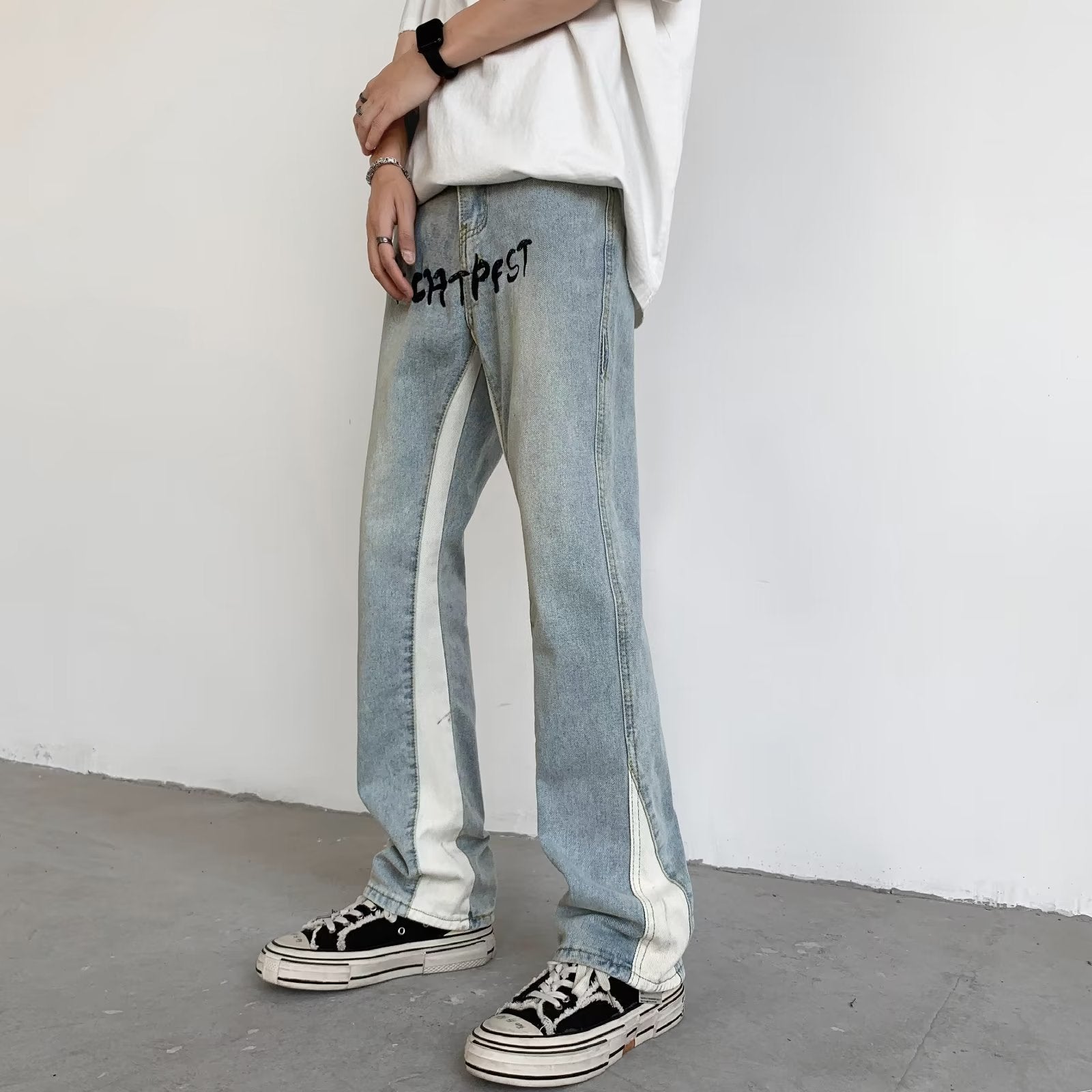 Men Jeans Water-Washing Embroidery Jeans Bootcut Trousers