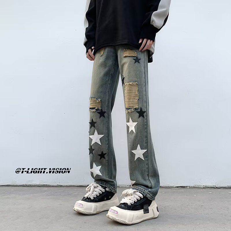 Men Jeans Five-Pointed Star Ripped Jeans Men's Spring Loose Straight Wide-Leg Pants