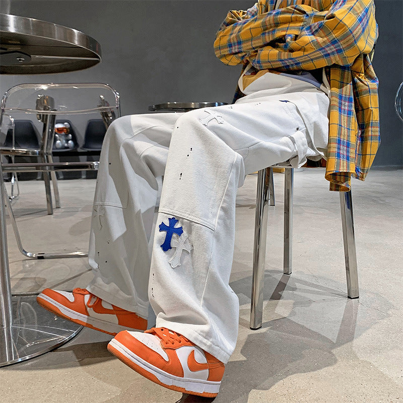 Men Jeans Cross Printed Jeans Men's Loose Straight Wide Leg Pants