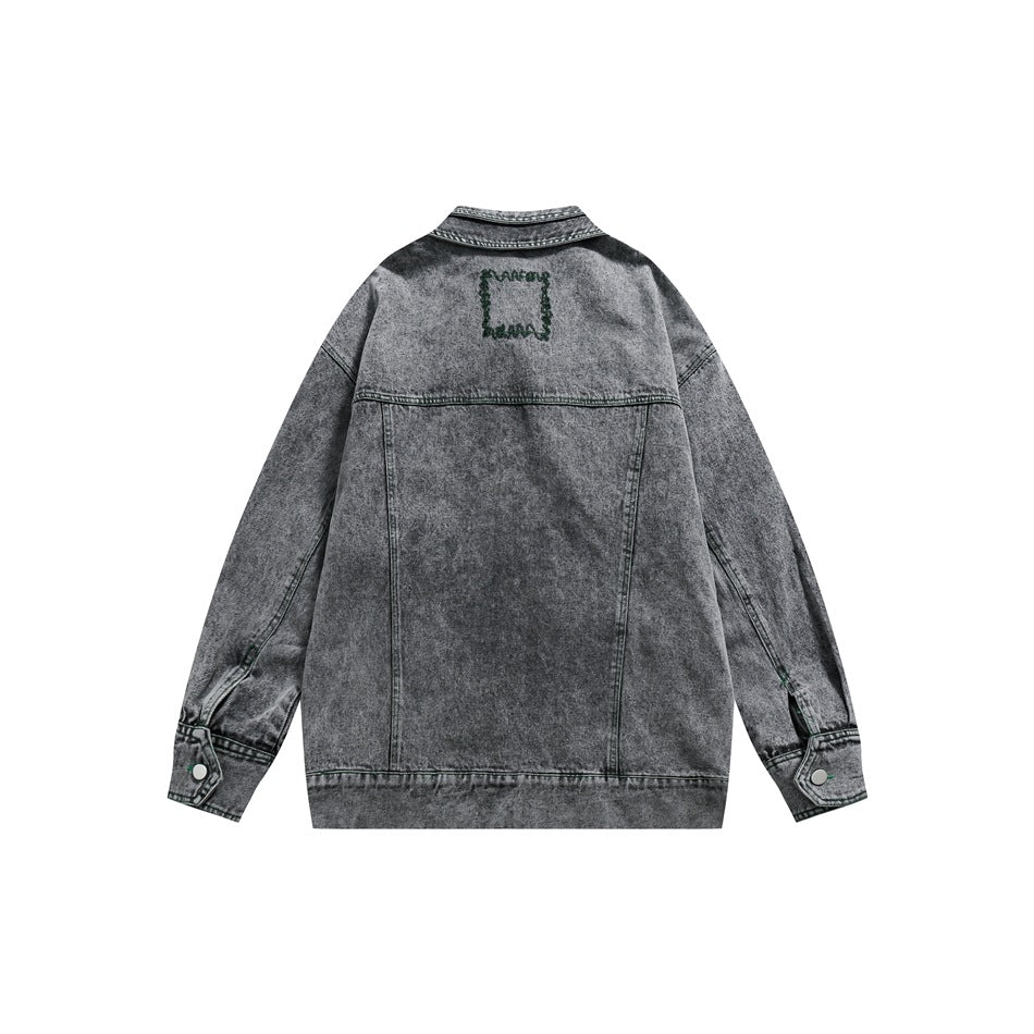 Unisex Jacket Retro Washed Denim Jacket Lapel Loose Pockets Overalls