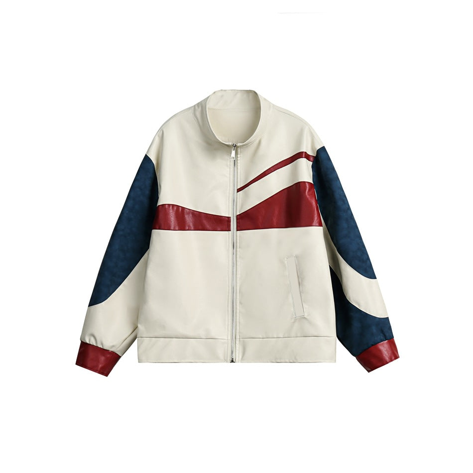 Unisex Jacket Retro Patchwork Jacket Loose PU Leather Coat