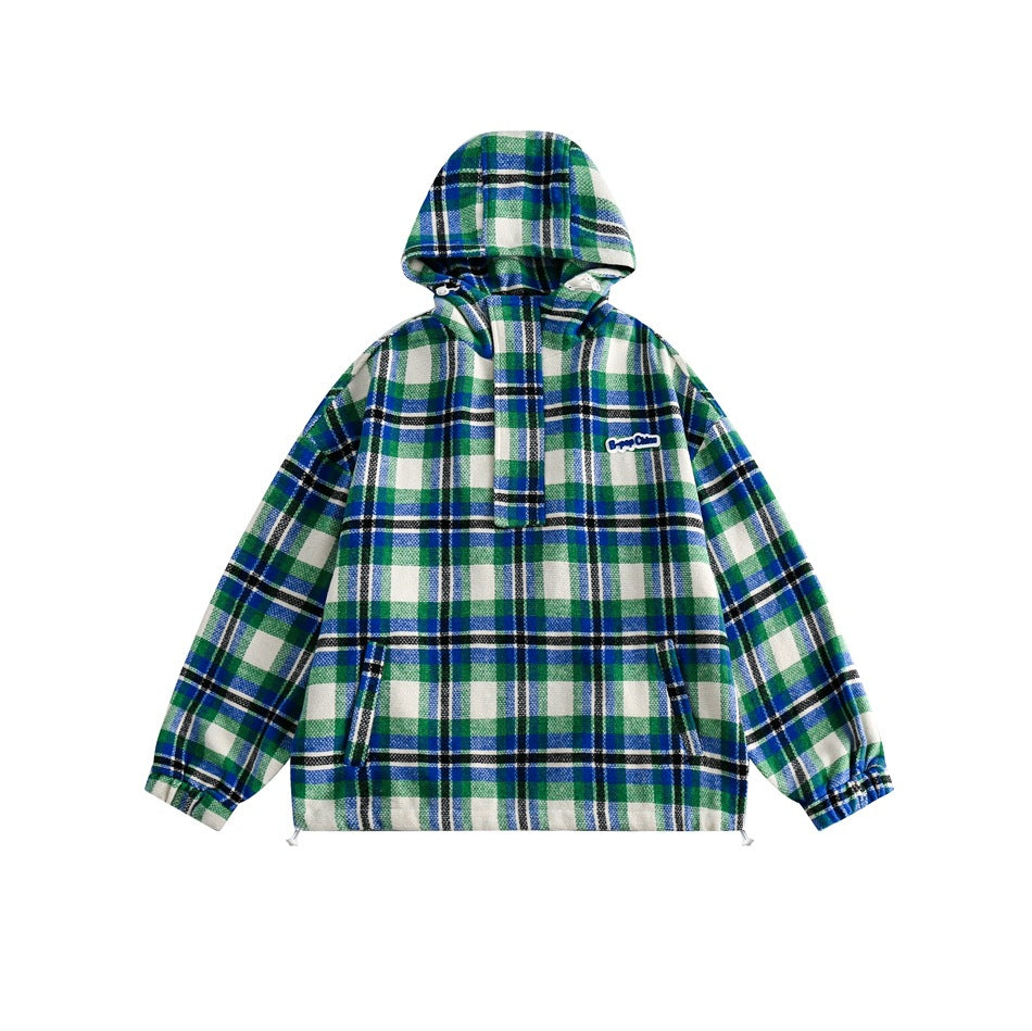 Unisex Jacket Vintage Casual Jacket Men's and Women's Couple Hooded Plaid Jacket