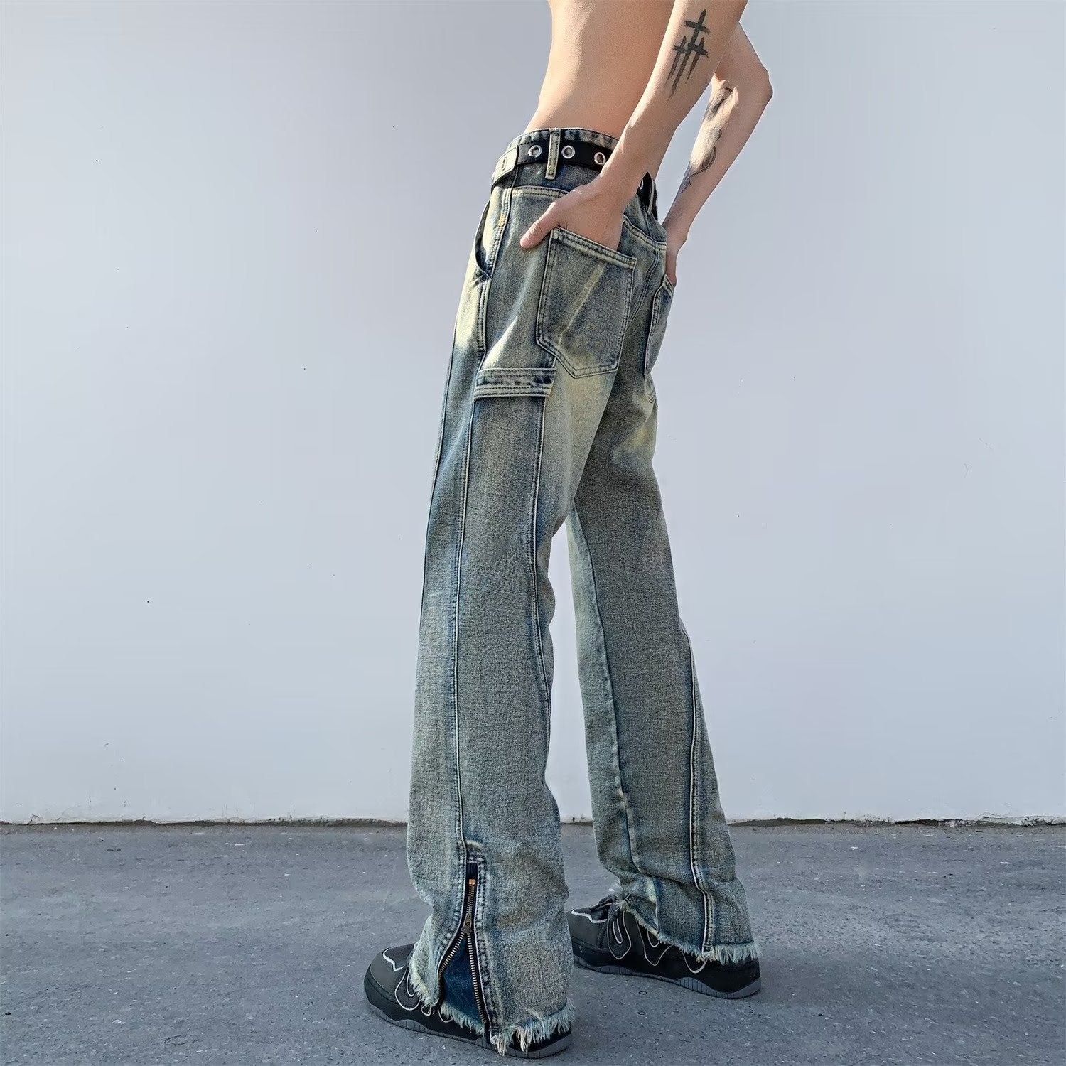 Men Jeans Oversize Zipper Jeans Summer Slim-Fit Micro Flared Pants