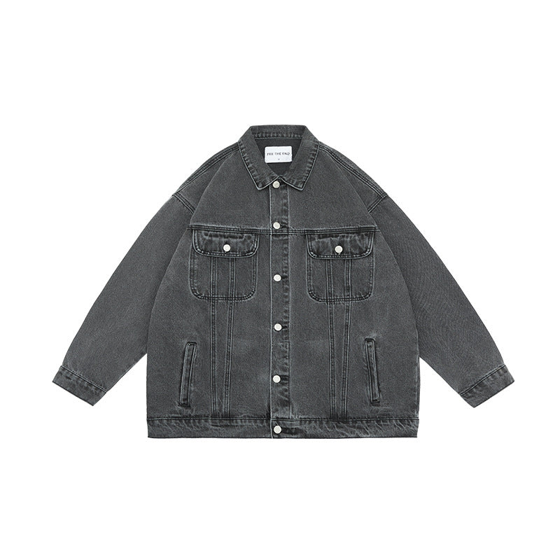 Unisex Jacket Retro Lapels Coat Denim Jacket Loose-Fitting Denim Clothes