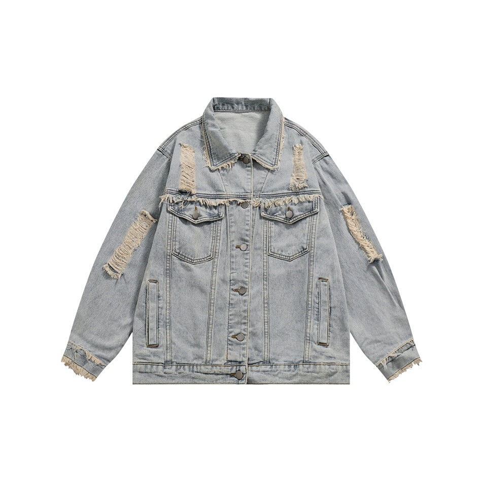 Unisex Jacket Washed Ripped Denim Jacket Loose Lapels Denim Jacket