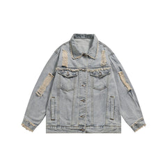 Unisex Jacket Washed Ripped Denim Jacket Loose Lapels Denim Jacket
