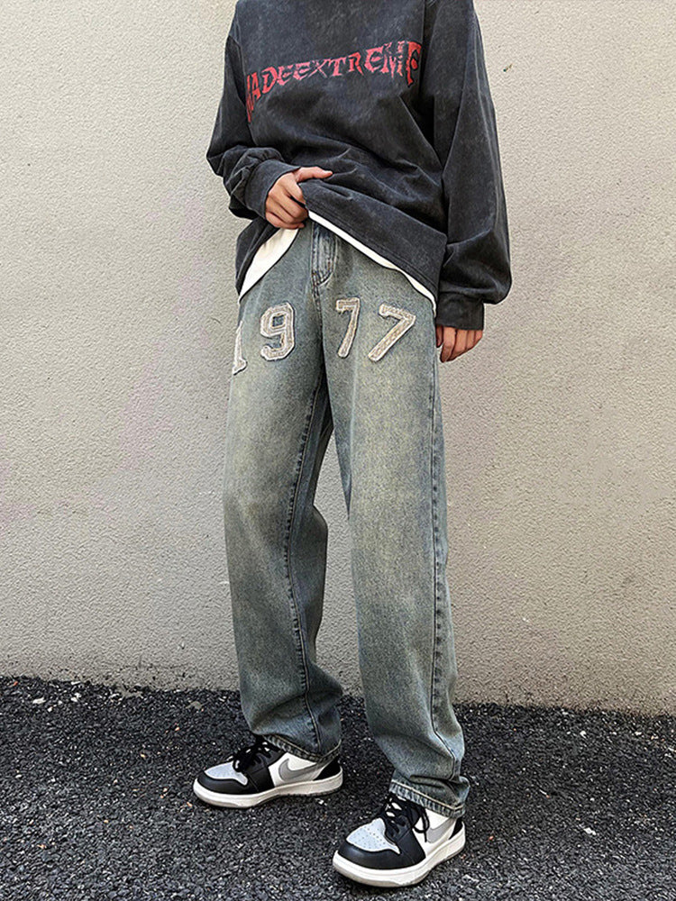Men Jeans Vintage 1977 Embroidered Jeans Men Slim-Fitting Straight Pants