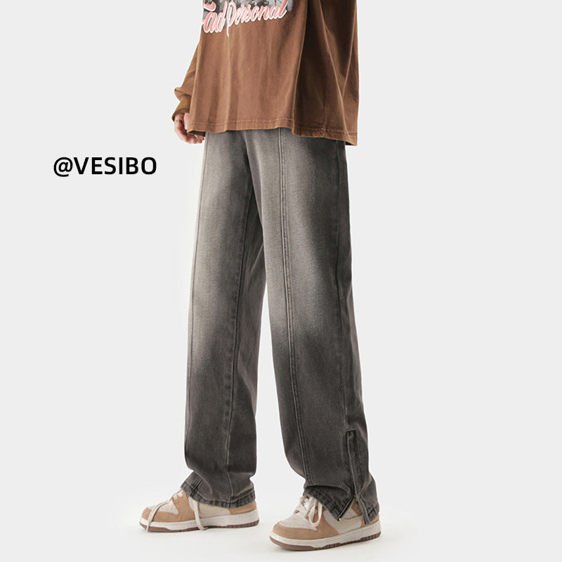 Men Jeans Retro Distressed Straight-Leg Pants Autumn Loose Casual Pants