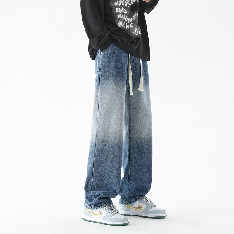 Men Jeans Gradient Jeans Men Retro Washed Loose Wide-Leg Straight Trousers