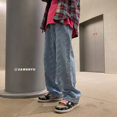 Men Jeans Straight-Leg Denim Trousers Men's Loose Summer Wide-Leg Pants