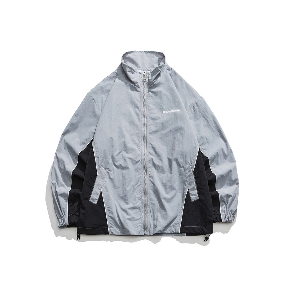 Unisex Jacket Retro Patchwork Contrast Color Stand-up Collar Sports Jacket Spring and Autumn Coat