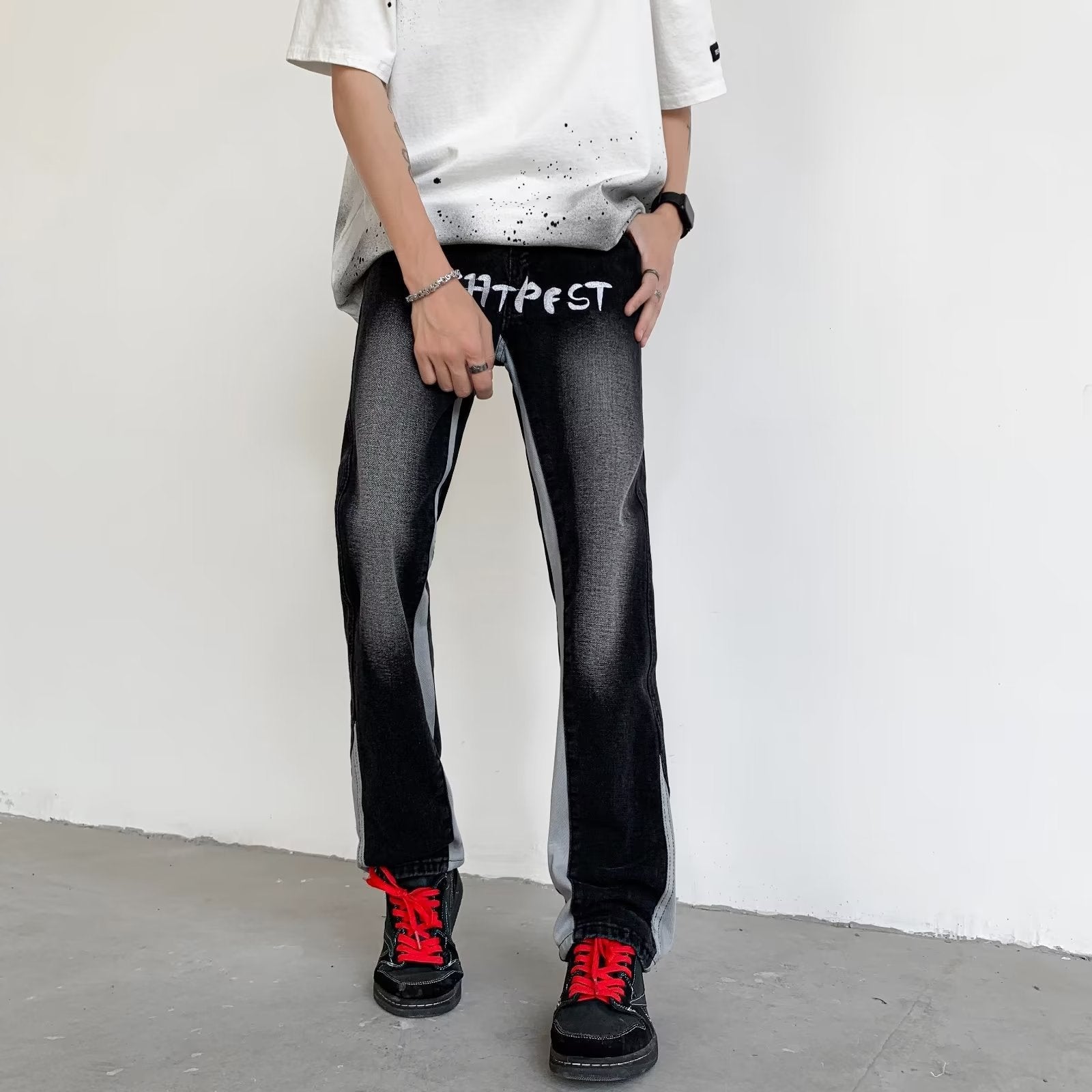 Men Jeans Water-Washing Embroidery Jeans Bootcut Trousers