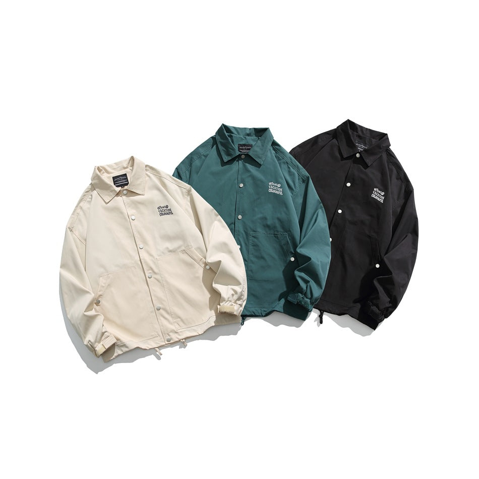 Unisex Jacket Casual Polo Collar Coat Loose Coach Jacket