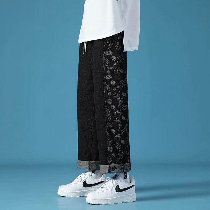 Men Jeans Paisley Jeans Summer Loose Casual Pants Retro Straight-Leg Pants