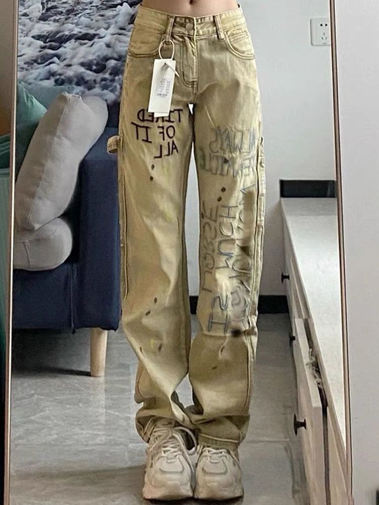 Men Jeans Khaki Splash-Ink Embroidered Jeans Straight-Leg Pants