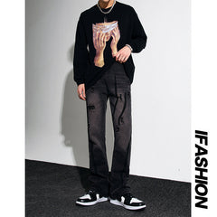 Men Jeans Retro Washed Distressed Loose Straight Hiphop Wide Leg Trousers
