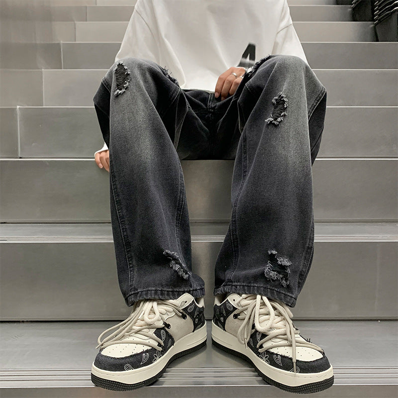 Men Jeans Ripped Jeans Men Autumn Winter Retro Straight Wide Leg Casual Trousers
