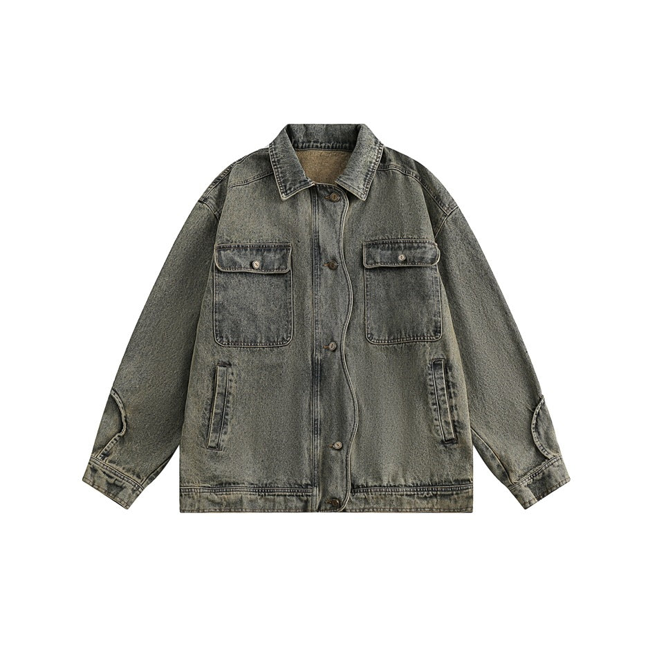 Unisex Jacket Vintage 3D Cutting Washed Denim Jacket Men and Women Baggy Coat
