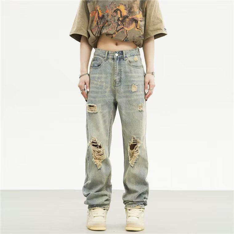 Men Jeans Retro Tattered Jeans Jeans Straight Loose Pants
