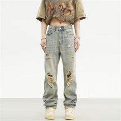 Men Jeans Retro Tattered Jeans Jeans Straight Loose Pants
