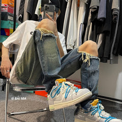 Men Jeans Retro Washed Make Old Ripped Jeans Zipper Trousers