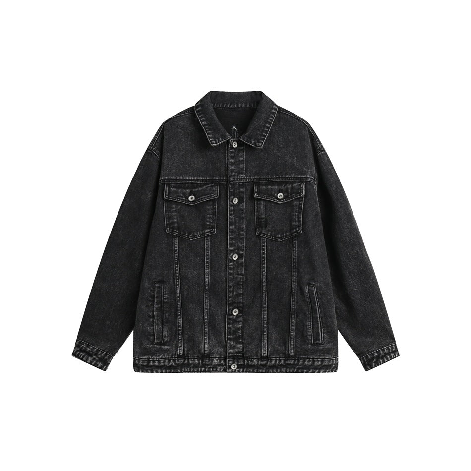 Unisex Jacket Black Denim Jacket Men and Women Lapel Loose Overalls