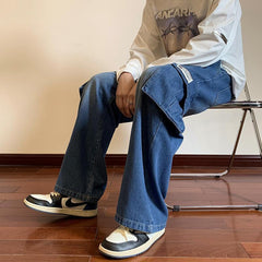 Men Jeans Washed-out Vintage Multi-Pocket Straight Loose Casual Wide-Leg Trousers