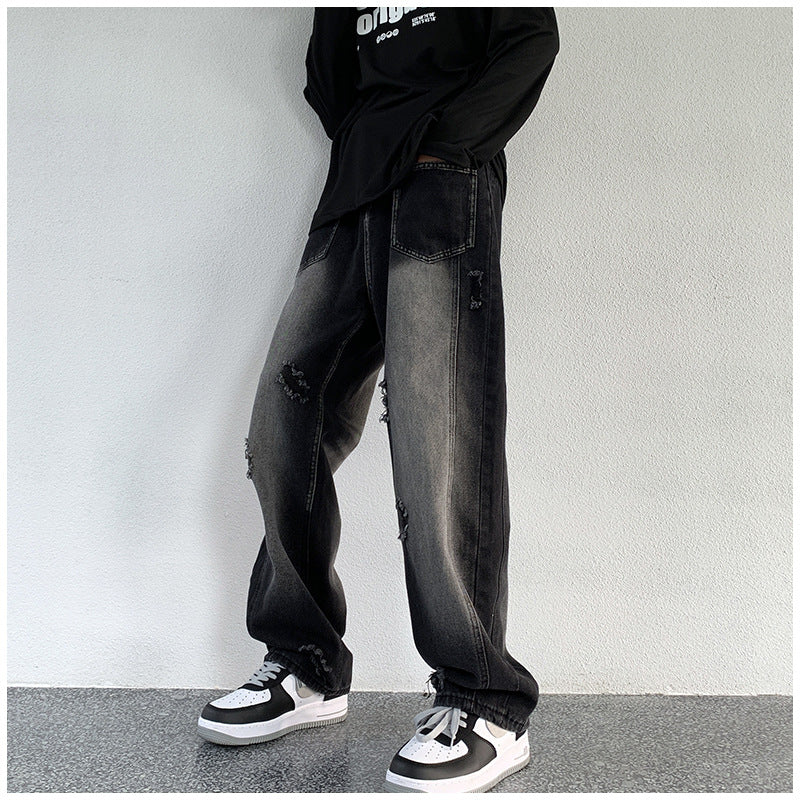 Men Jeans Ripped Jeans Men's Autumn Retro Loose Straight Trousers