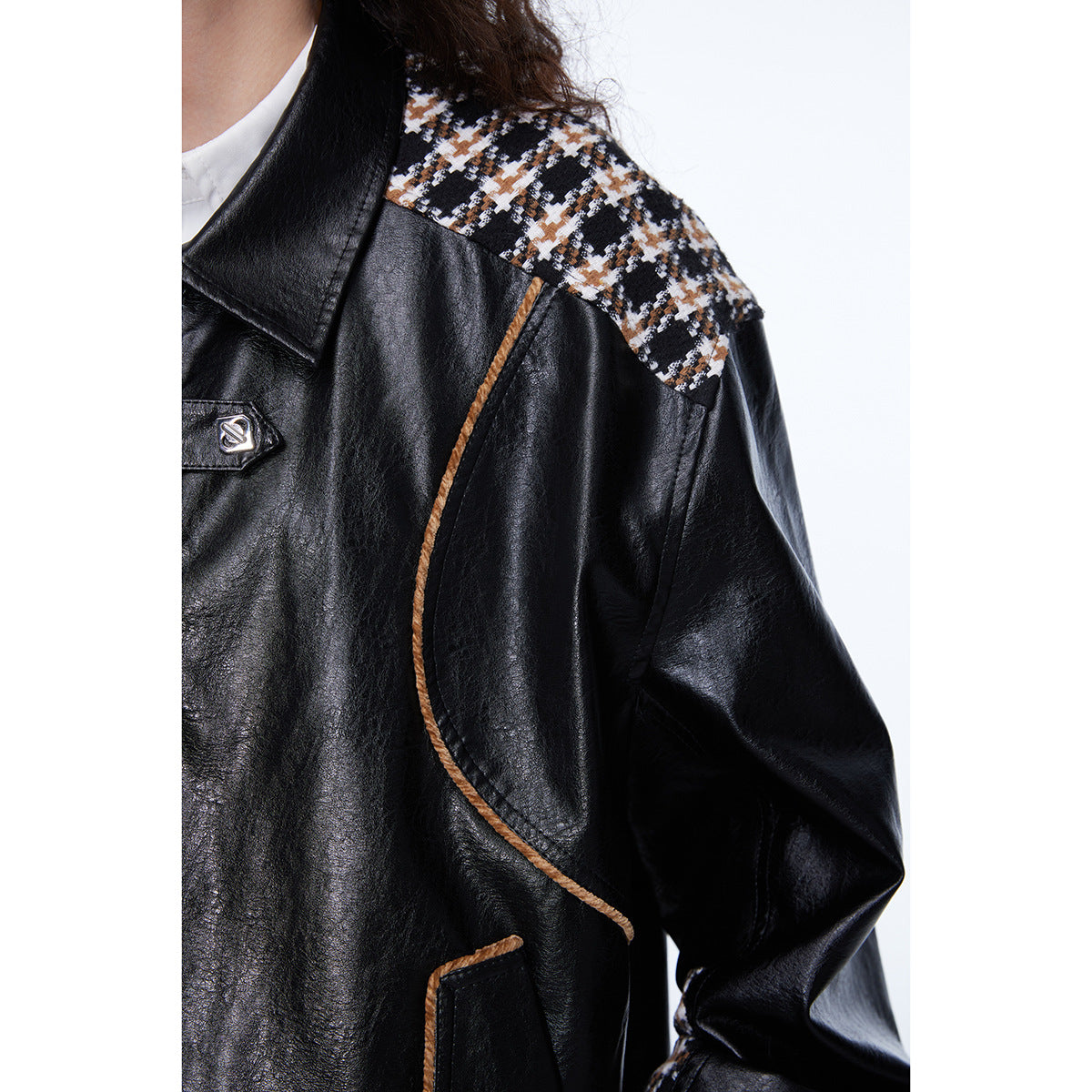 Unisex Jacket Retro Patchwork Plaid Motorcycle Jacket PU Leather Jacket