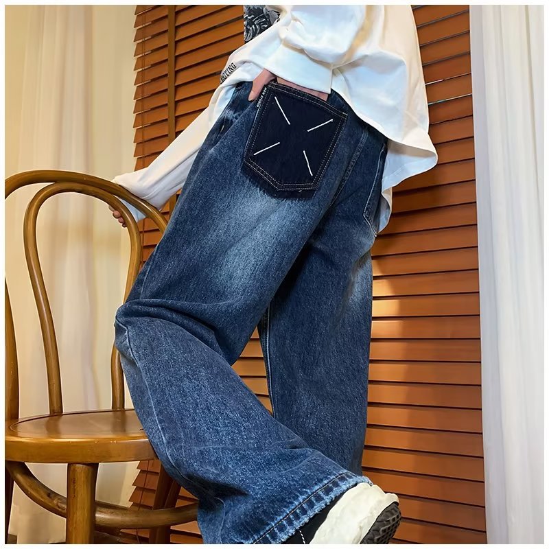 Men Jeans Straight Jeans Spring Retro Washed Loose Casual Trousers