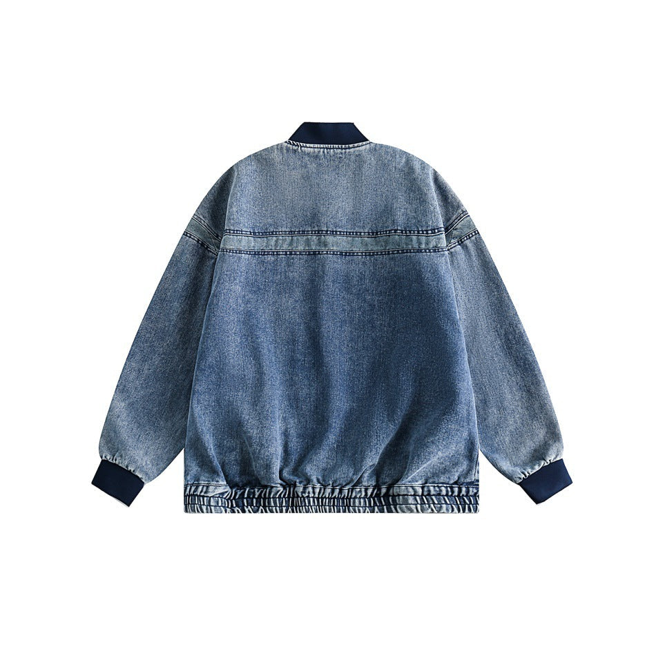 Unisex Jacket Washed-out Vintage Baseball Collar Coat Denim Jacket