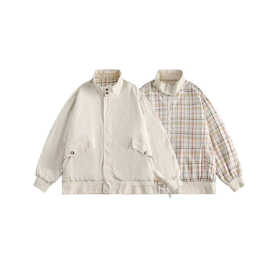 Unisex Jacket Spring and Autumn Retro Reversible Jacket Men's and Women's Loose Lapel Plaid Jacket