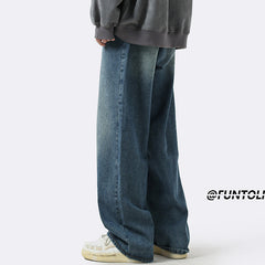 Men Jeans Loose Straight Casual Trousers Ancient Washed Distressed Wide-Leg Pants