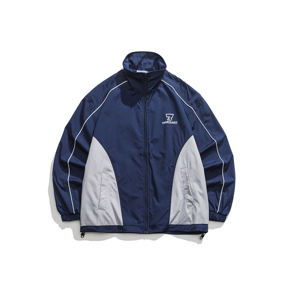Unisex Jacket Retro Patchwork Contrast Color Stand-up Collar Sportswear Jacket