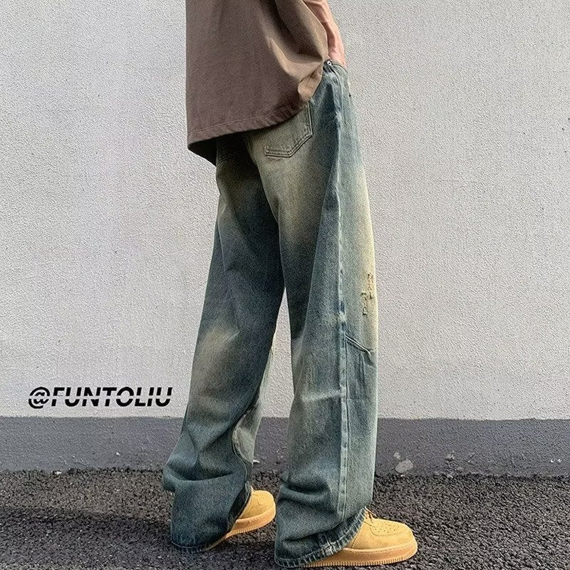 Men Jeans Washed Worn Jeans Loose Wide-Leg Straight Pants