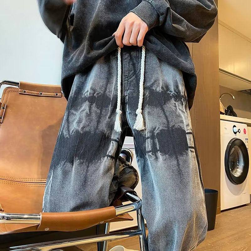 Men Jeans Tie-Dyed Vintage Jeans Autumn and Winter Straight Wide-Leg Pants Casual Pants