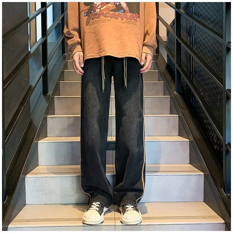 Men Jeans Retro Washed Jeans Men's Spring and Autumn Loose Wide-Leg Straight Trousers