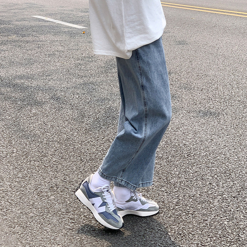 Men Jeans Vintage Light Color Elastic Waist Jeans Straight Wide Pants