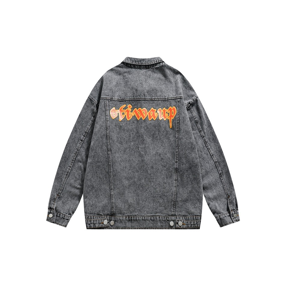 Unisex Jacket Washed Denim Jacket Printing Lapel Loose Overalls