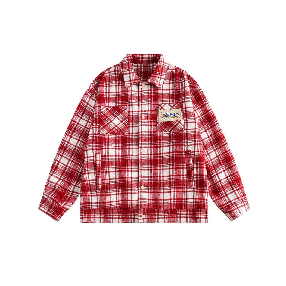 Unisex Jacket Red Plaid Coat Men's and Women's Loose Retro Lapel Couple Jacket