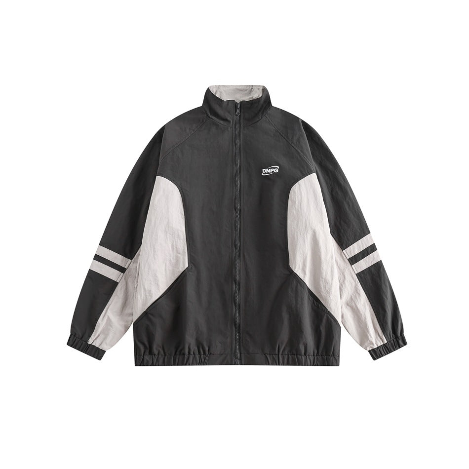 Unisex Jacket Retro Patchwork Contrast Color Stand-up Collar Jacket Men Spring and Autumn Coat