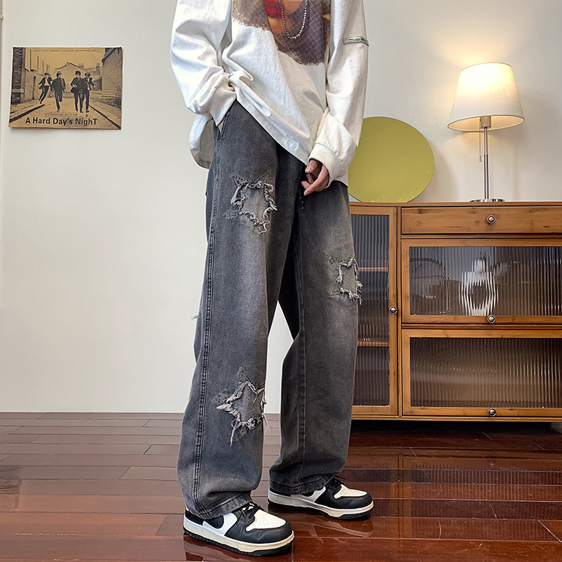 Men Jeans Ripped Washed Jeans Spring and Autumn Loose Straight Wide-Leg Pants