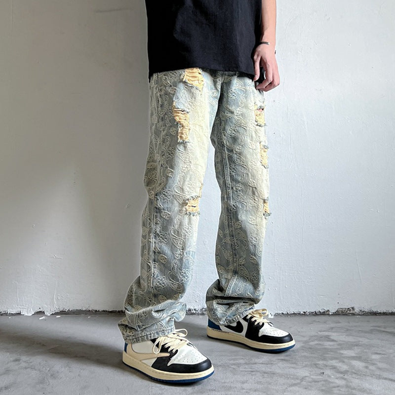 Men Jeans Ripped Jeans Men's Washed Vintage Paisley Straight Casual Pants