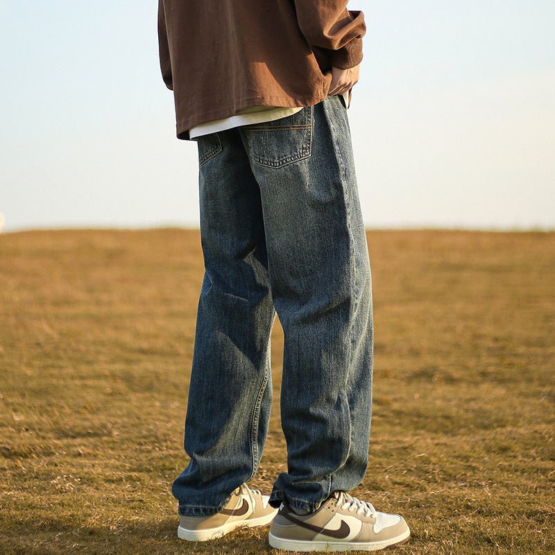 Men Jeans Retro Washed Jeans Men's Spring and Autumn Baggy Straight Trousers Casual Trousers