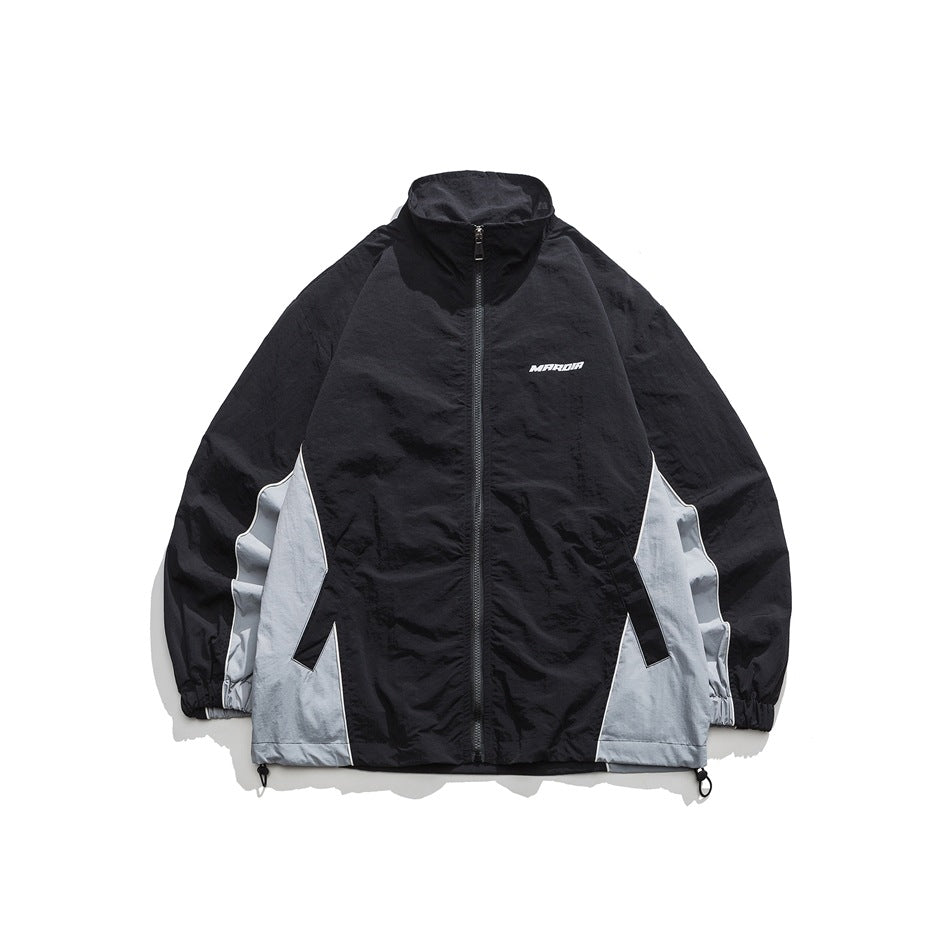 Unisex Jacket Retro Patchwork Contrast Color Stand-up Collar Sports Jacket Spring and Autumn Coat