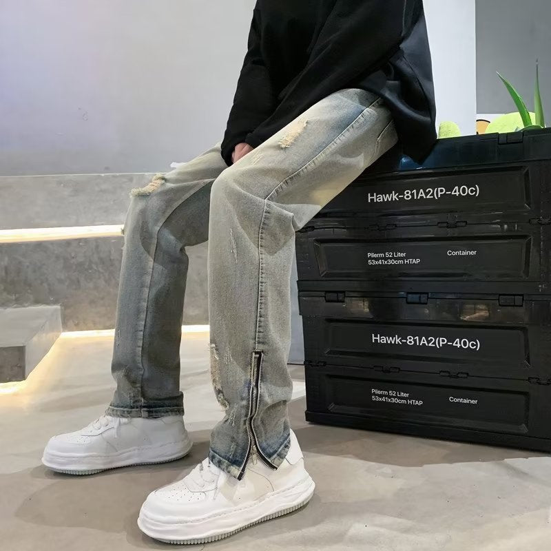 Men Jeans Spring/Summer Loose Split Retro Pants