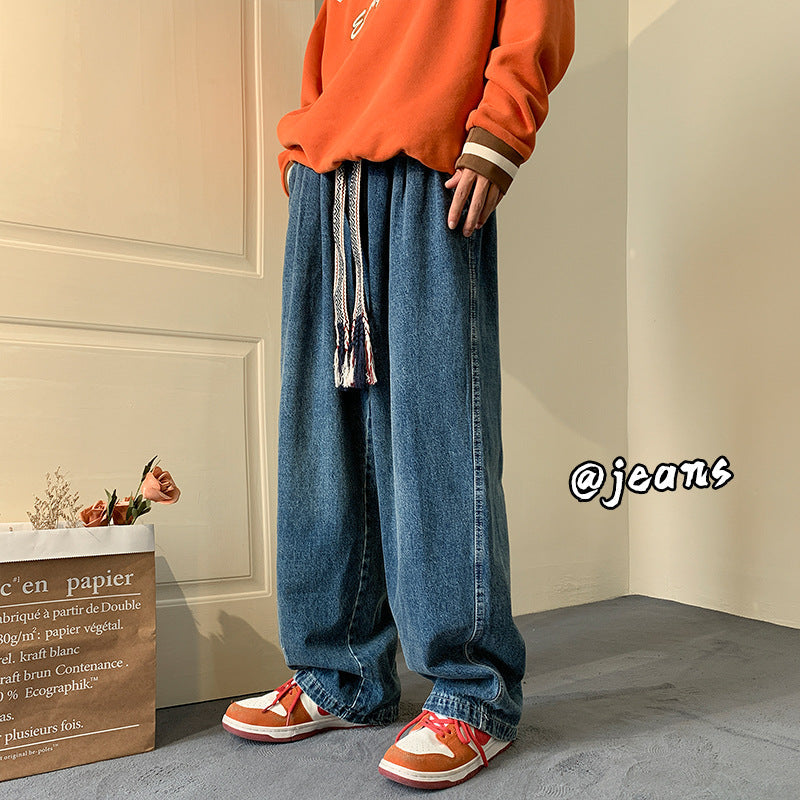 Men Jeans Vintage Dark Blue Jeans Men's Loose plus Size Straight Wide Leg Pants