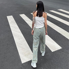 Men Jeans Retro Washed Cross Embroidered Jeans